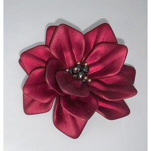 Red Fabric Flower Brooch Pin 2" Satin Petals & Beads Back Valentine Gift‎